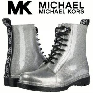 MICHAEL KORS Tavie Silver Logo Tape Lug Sole Lace-Up Rain Booties, Size 10